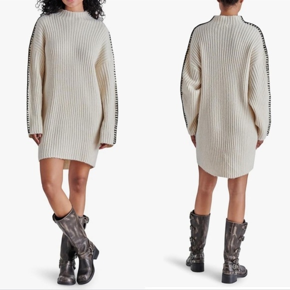 NWT Steve Madden Women’s Mock Neck Rib Dress In White Cap - Picture 2 of 11